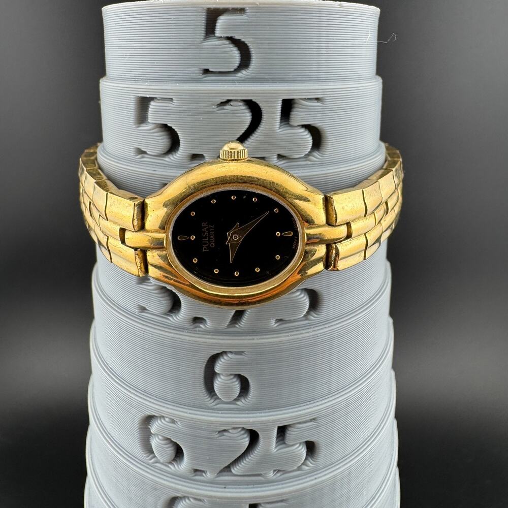 Pulsar Quartz Ladies Gold-Tone Watch Black Dial Oval Case